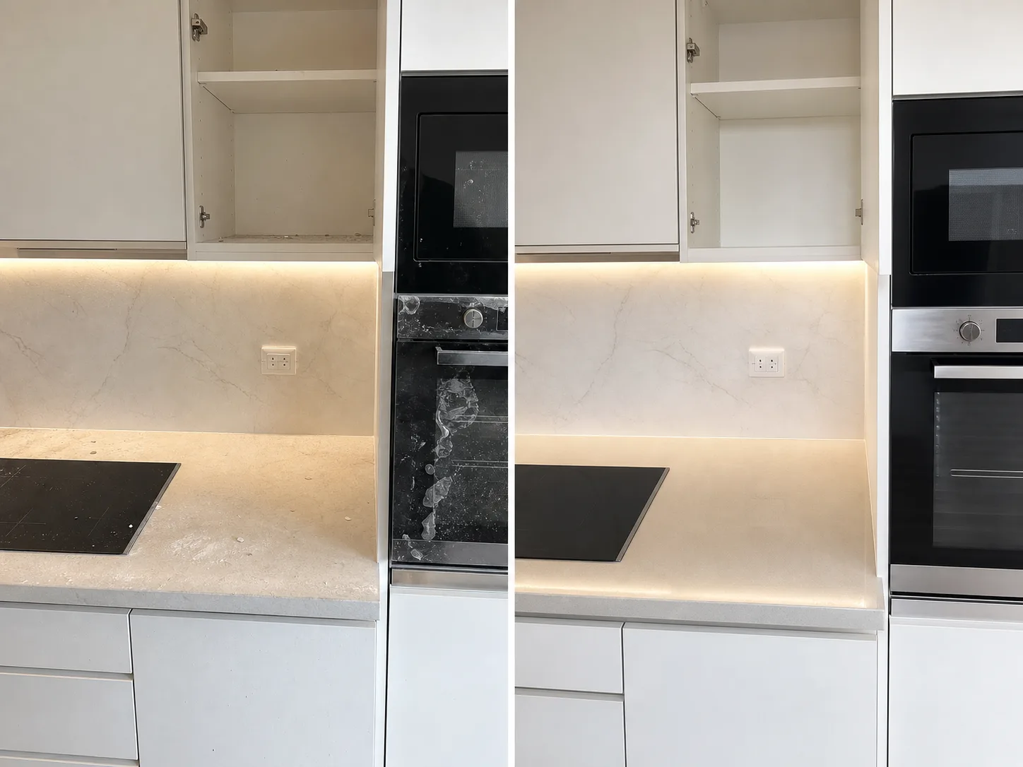 Before and after kitchen cabinet and countertop handover cleaning